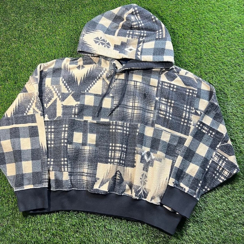 Polo Ralph Lauren Beacon Plaid Aztec Patchwork Fleece Hoodie Womens XL Oversized